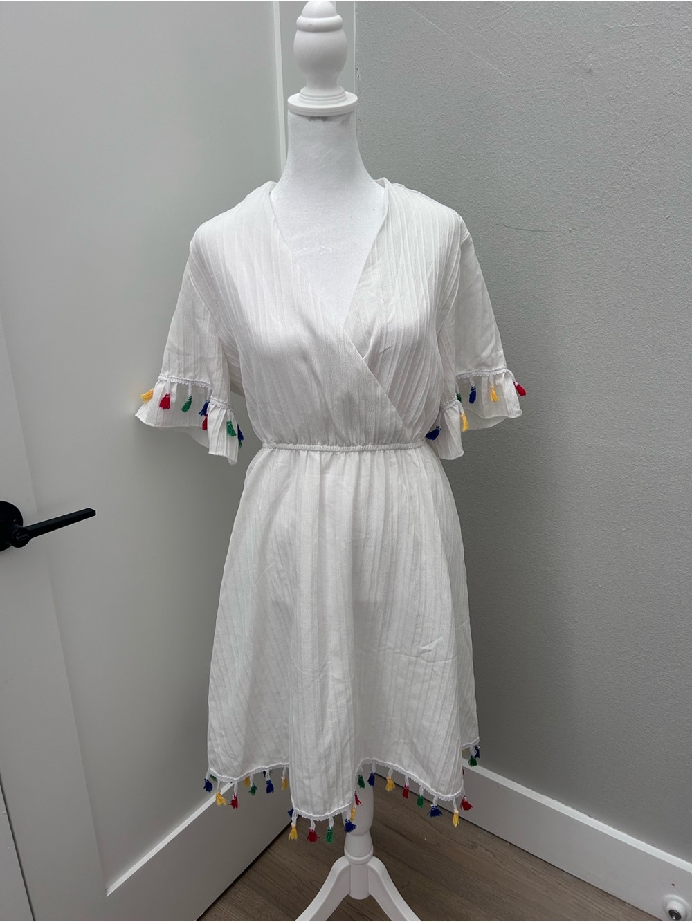 White Tassel-Trim Wrap Dress